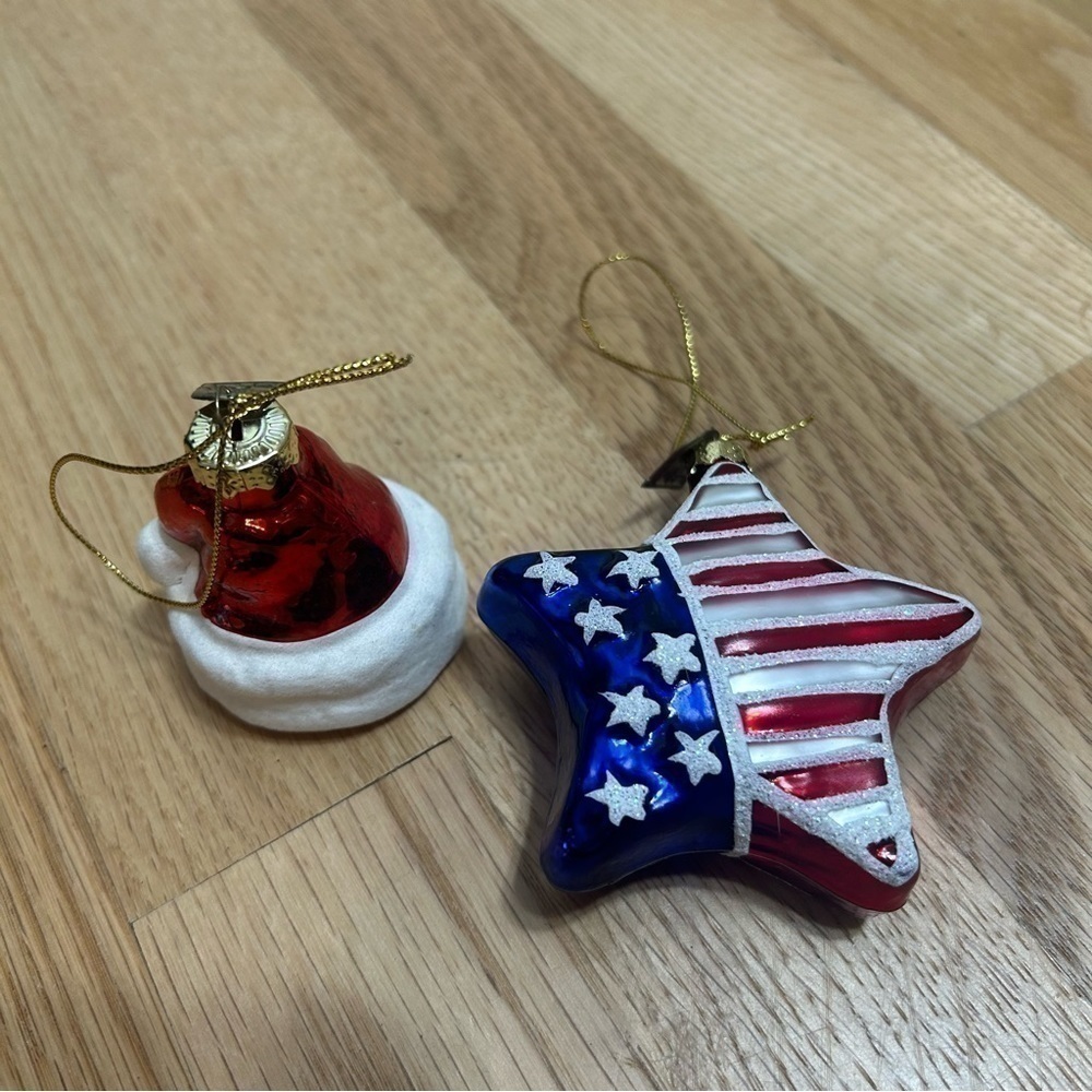 European Glass Christmas Ornament Bundle Patriotic Star Santa Hat Red Blue
